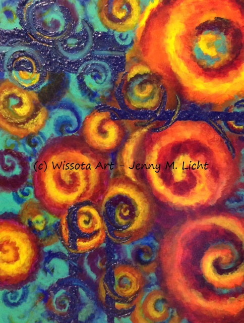 Layered abstract in bright red, yellow and blue, thick textured strokes building a suggestion of a face.