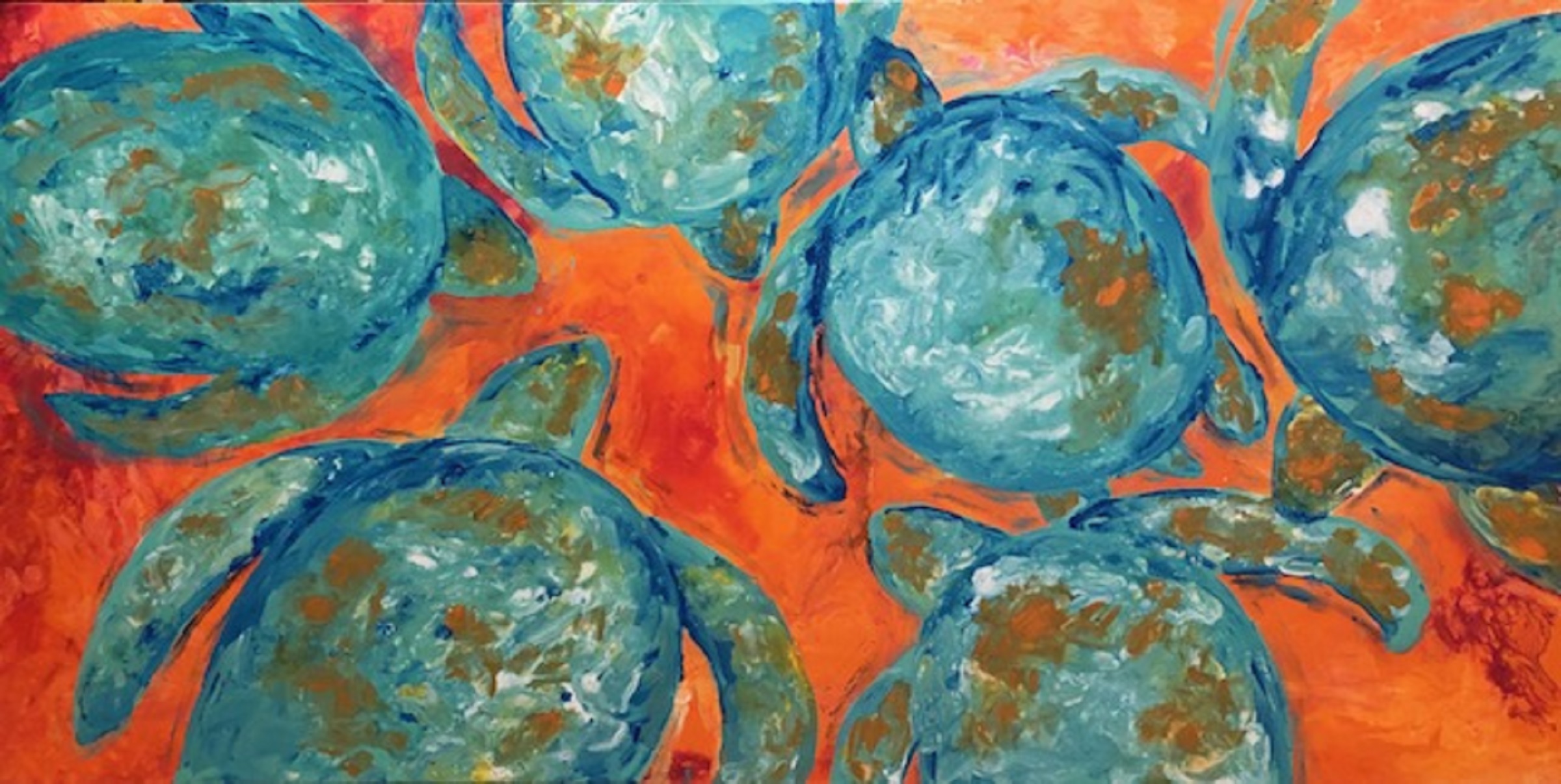 A cluster of stylised sea turtles in teal and aqua swimming across a hot orange ground.