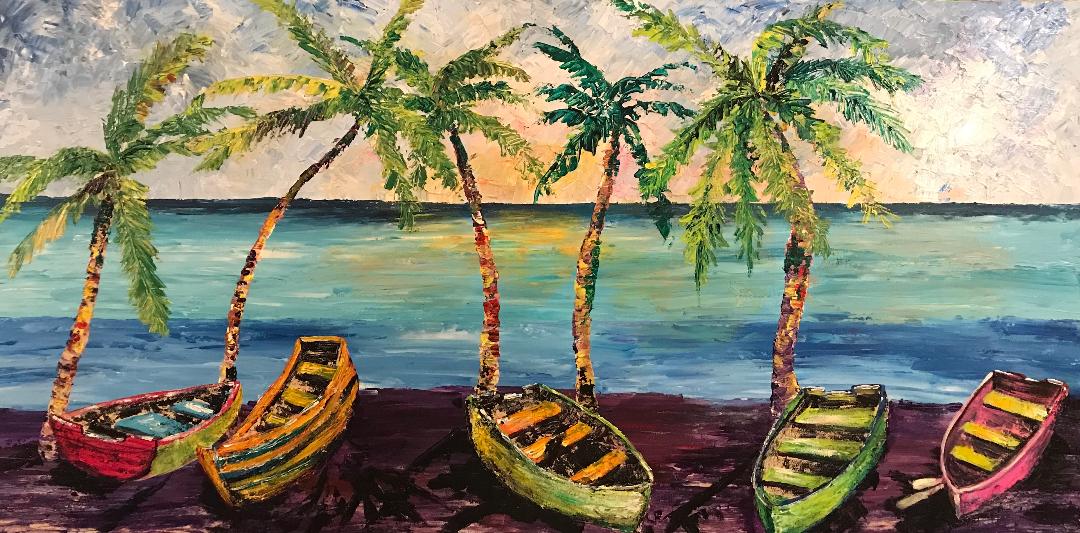 Five brightly painted wooden rowboats drawn up on a shoreline beneath leaning coconut palms at sunset.