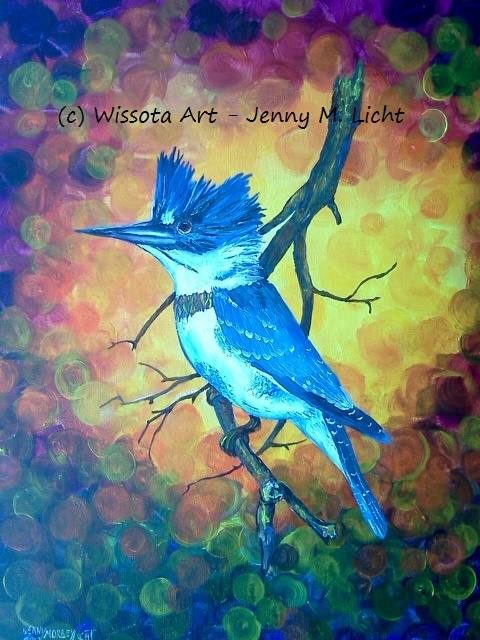 A belted kingfisher perched on a bare branch against a vivid, loosely painted background.