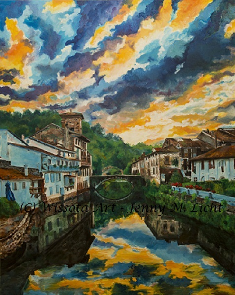 A pilgrim's road winding through a hill town, painted as a memento of a Camino pilgrimage in Spain.