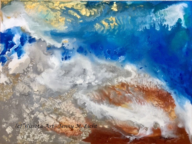 Expressionist shoreline in metallic sapphire blue and silver, with gold and gilt leaf embellishment catching the light.