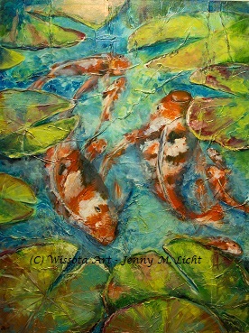 Orange and white koi turning through a heavily textured green pond surface.