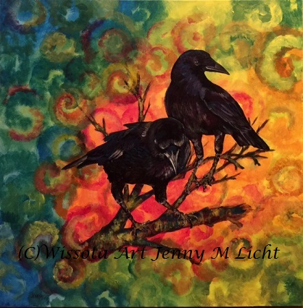 Two crows side by side on a dynamic, colour-blocked background, one turned to the other mid-conversation.