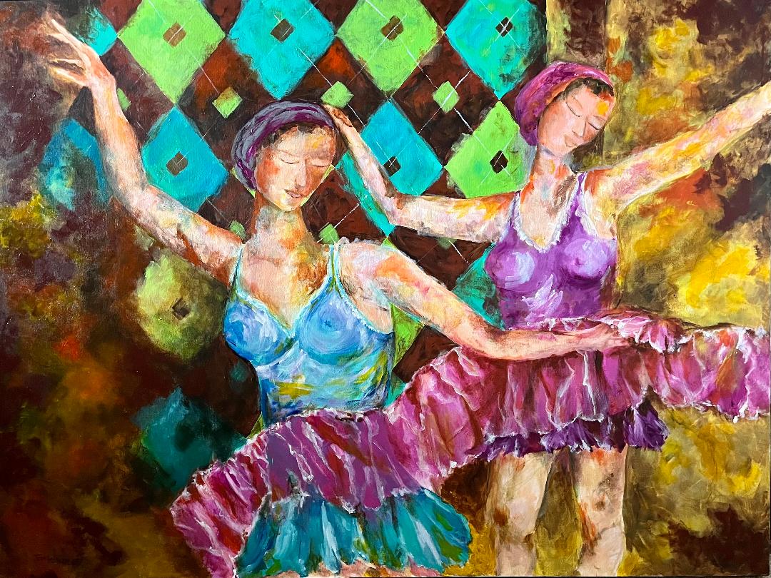 Two ballet dancers in ruffled pink and blue tutus, arms raised, before a harlequin diamond backdrop.