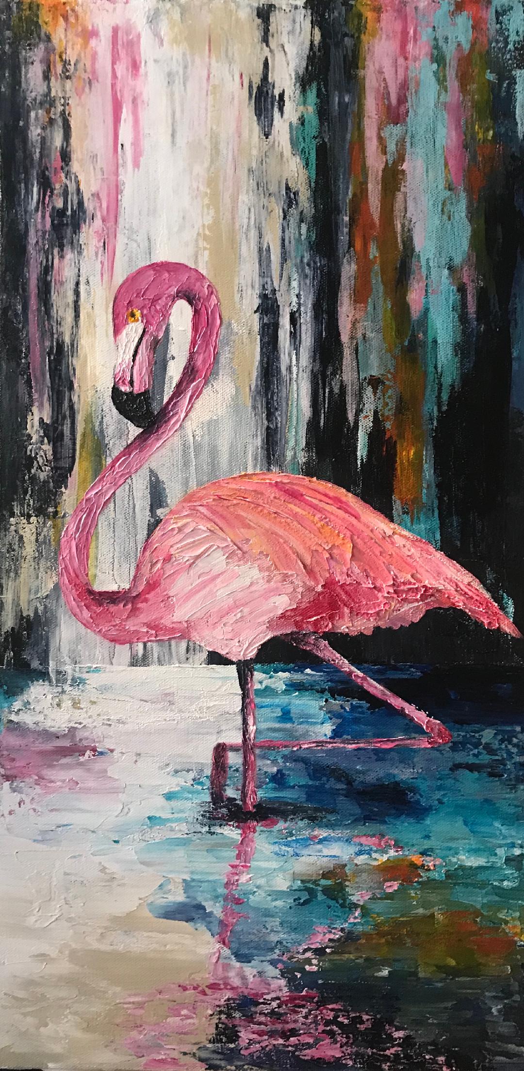 A pink flamingo standing in shallow water, its neck curved, against a curtain of dripped and streaked colour.