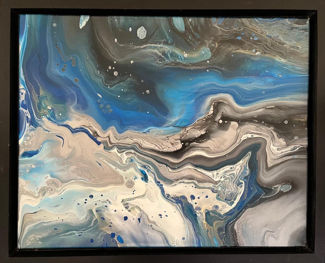 Abstract poured acrylic in cobalt, white and warm grey, the currents marbling across each other. Framed.