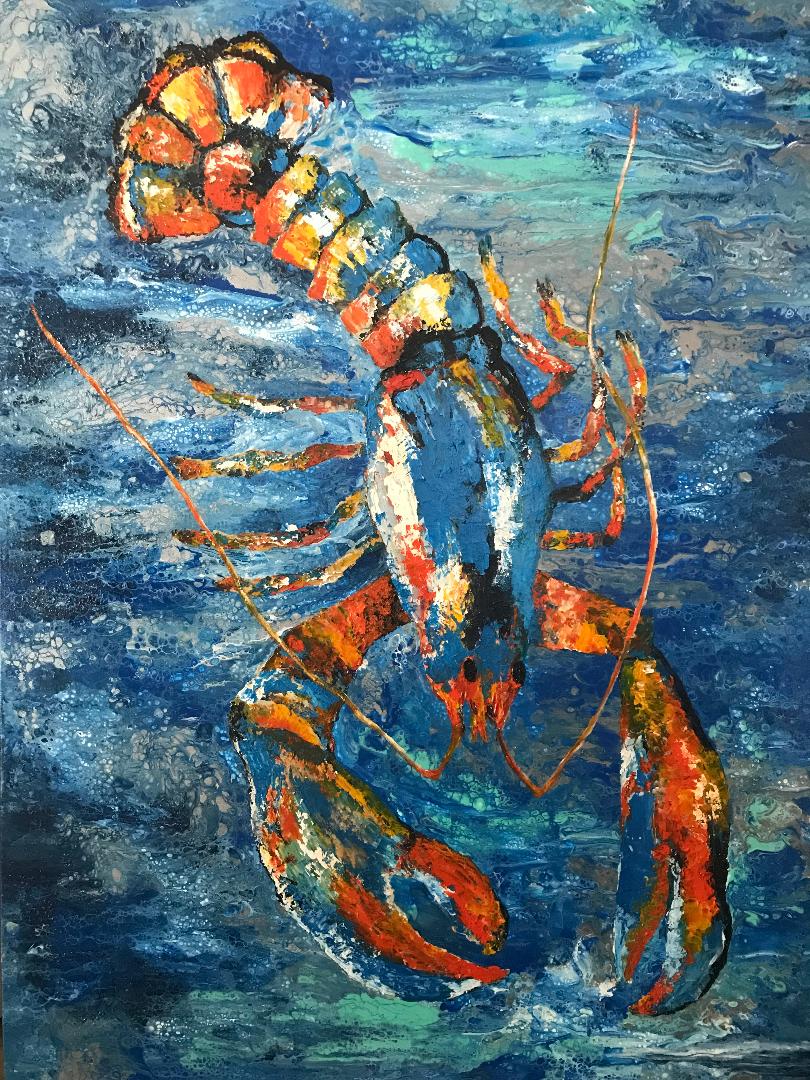 A lobster in blue and hot orange, claws forward, over a poured and mottled deep-blue sea.