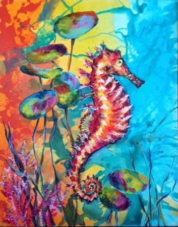 A red and gold seahorse curled among sea grass, the ground split between hot orange and turquoise.