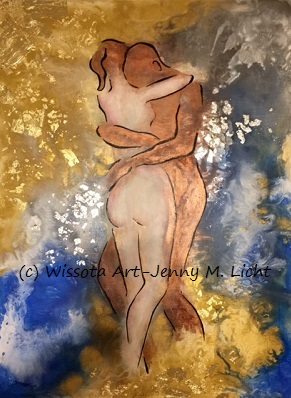 Abstract mixed media worked in gold and silver leaf over deep colour, the metal catching light across the surface.