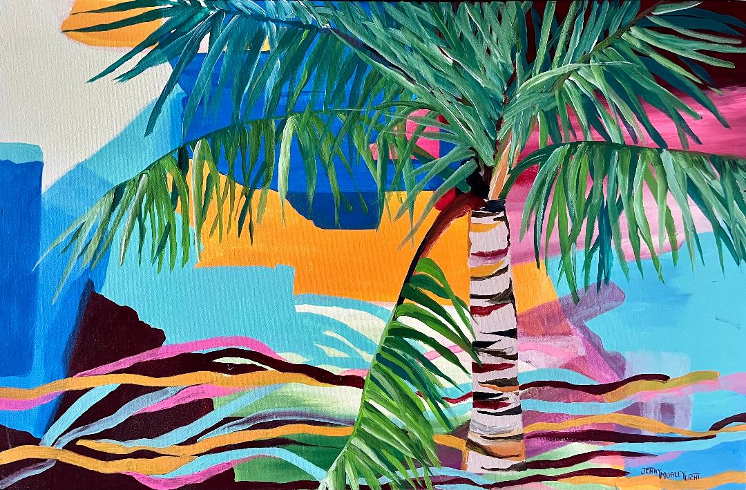 A palm tree rendered in unexpected coastal colours against a loose abstract background.