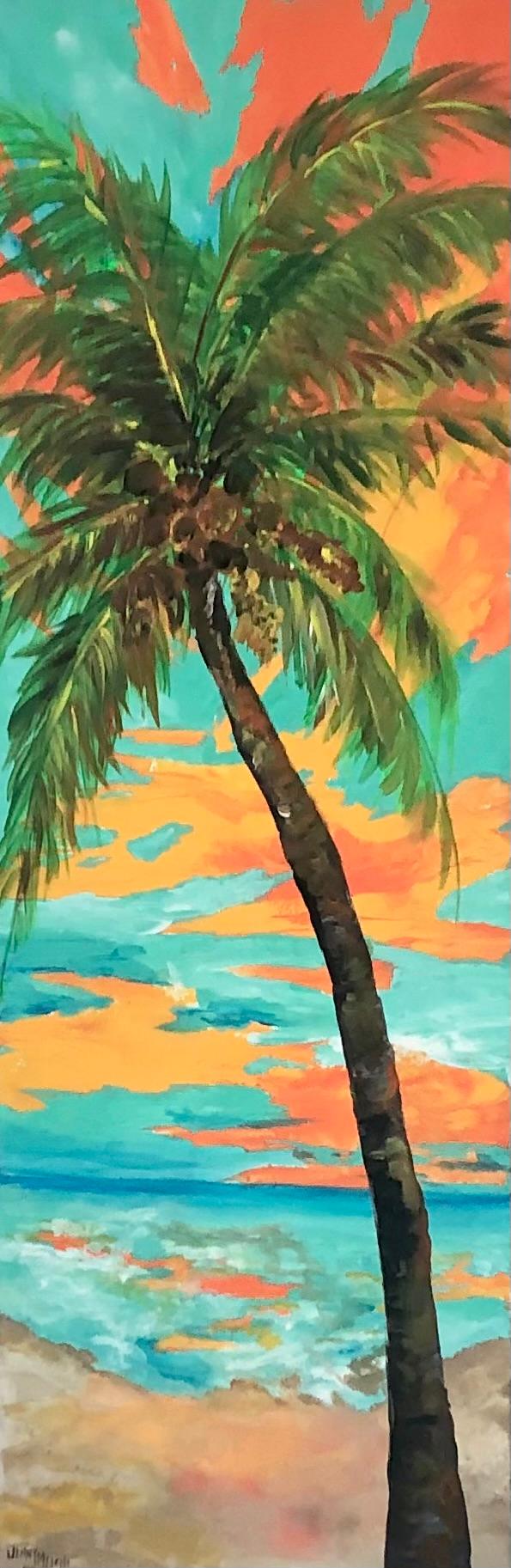 A tall coconut palm leaning over the water, silhouetted against a turquoise and orange sunset sky.