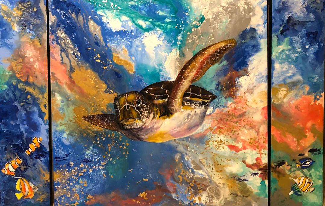 A sea turtle crossing three separate canvases, swimming through poured blue, coral and gold, with clownfish and a tang on the outer panels.