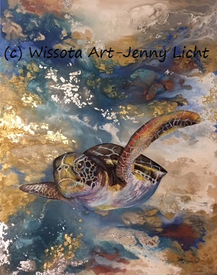 A sea turtle swimming through deep water in an expressionist blue-green field, lifted with gold and silver foil.
