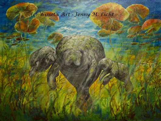 Three manatees drifting together through tall sea grass beneath floating lily pads.