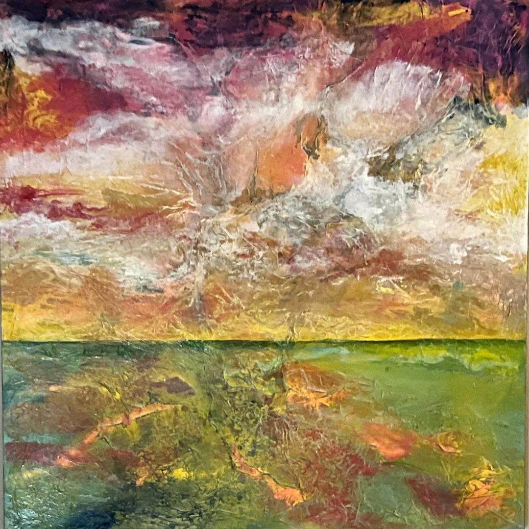 Abstract landscape in heavy texture, a warm red and gold sky meeting a green field at a hard horizon.