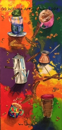 Tall, narrow still life for the coffee lover, bright and graphic on a warm ground.