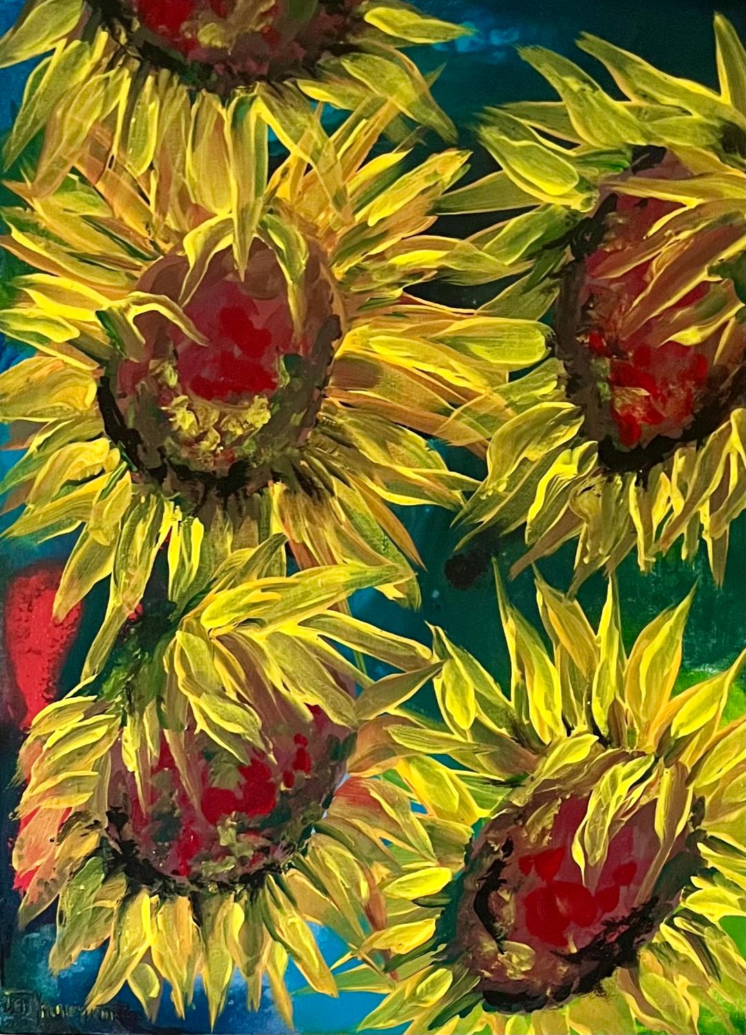 Sunflowers with deep red centres and yellow-green petals crowding a dark blue-green ground.