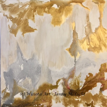 Modern abstract in metallic gold and silver with gilt and silver foil embellishment, the canvas sides finished in metallic silver.