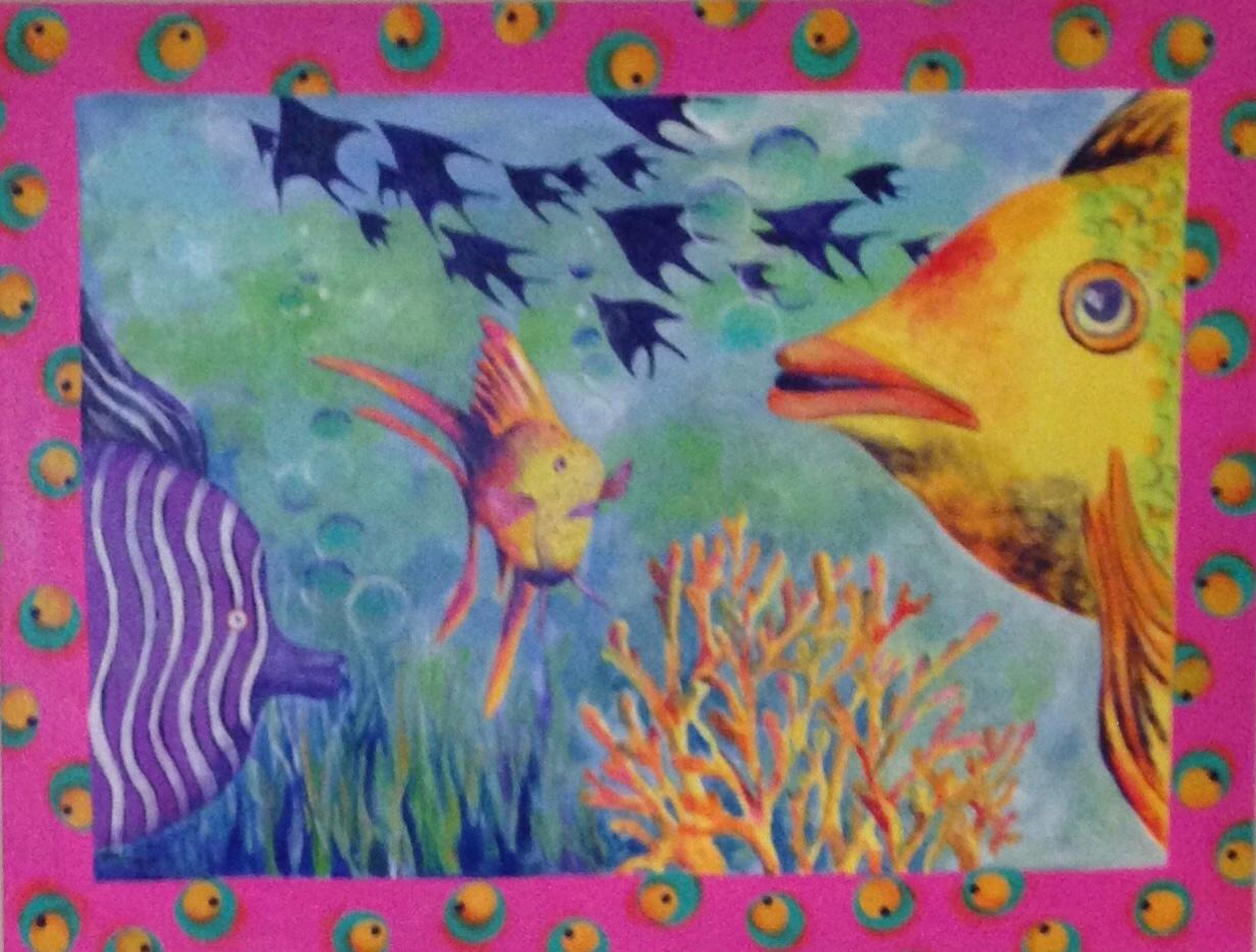 Whimsical reef scene with a big-lipped yellow fish, a purple angelfish and a shoal of navy fish, inside a hot pink border patterned with eyes.