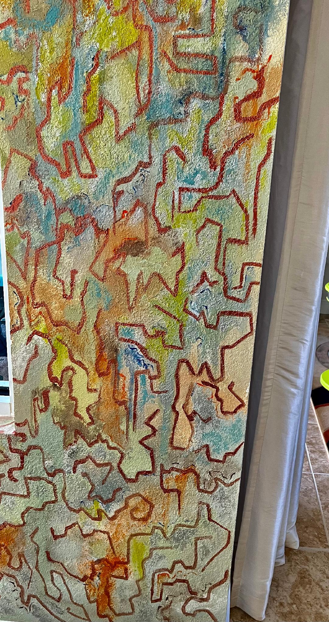 Terracotta outlines of animal and human figures in a petroglyph style, layered over washed blues and yellows on a column.