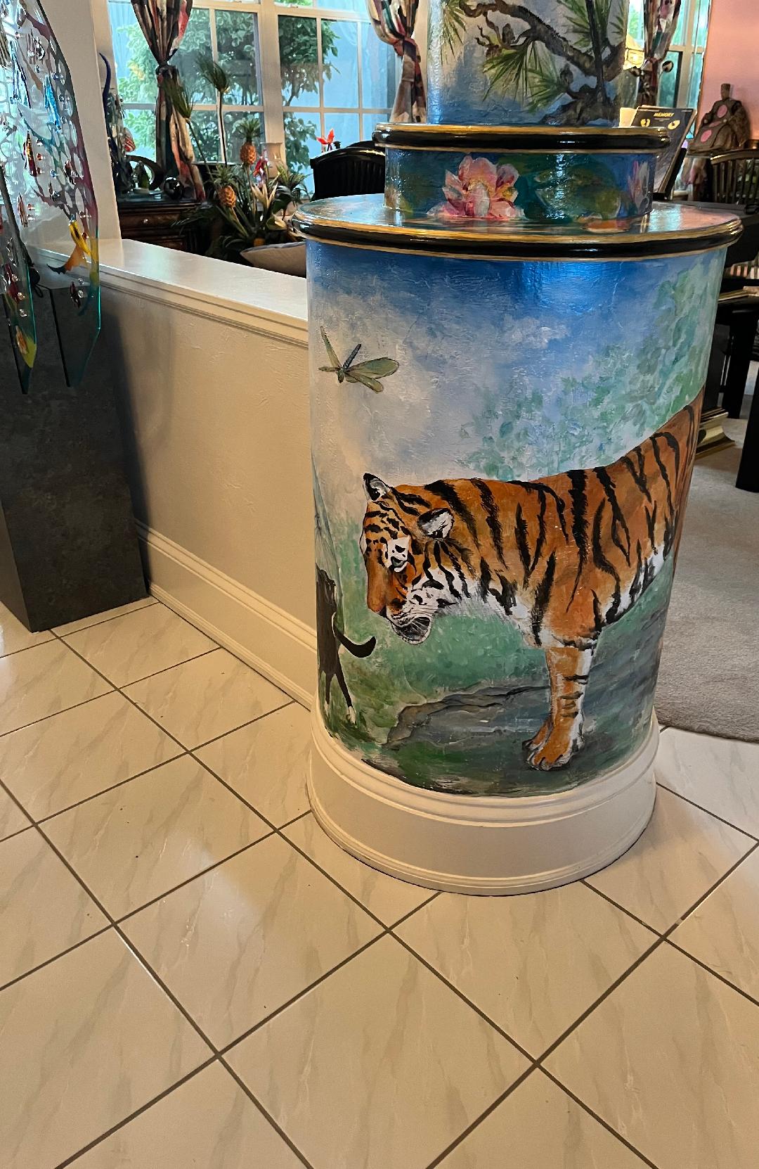A tiger stalking around a painted interior column, a dragonfly above it and koi on the ring above that.
