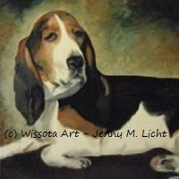 Head and shoulders of a basset hound with long ears against a warm brown background.