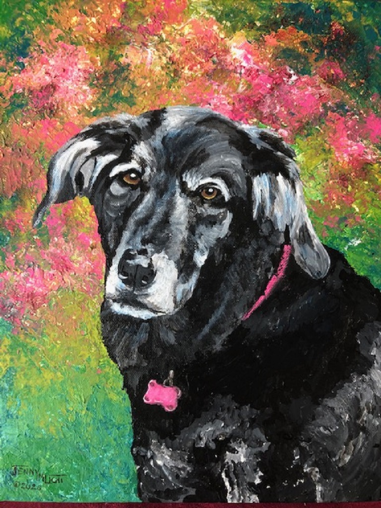 A greying black dog in a pink collar, painted against a background of loose pink and green blossom.