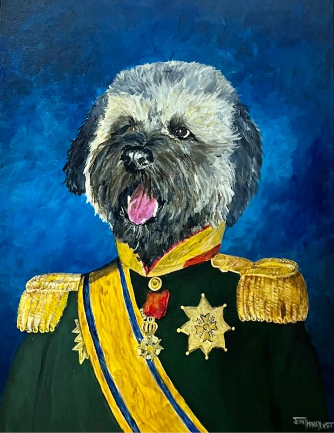 A shaggy grey dog painted in the style of a formal state portrait, in a dark green military tunic with gold epaulettes, a blue sash and medals.