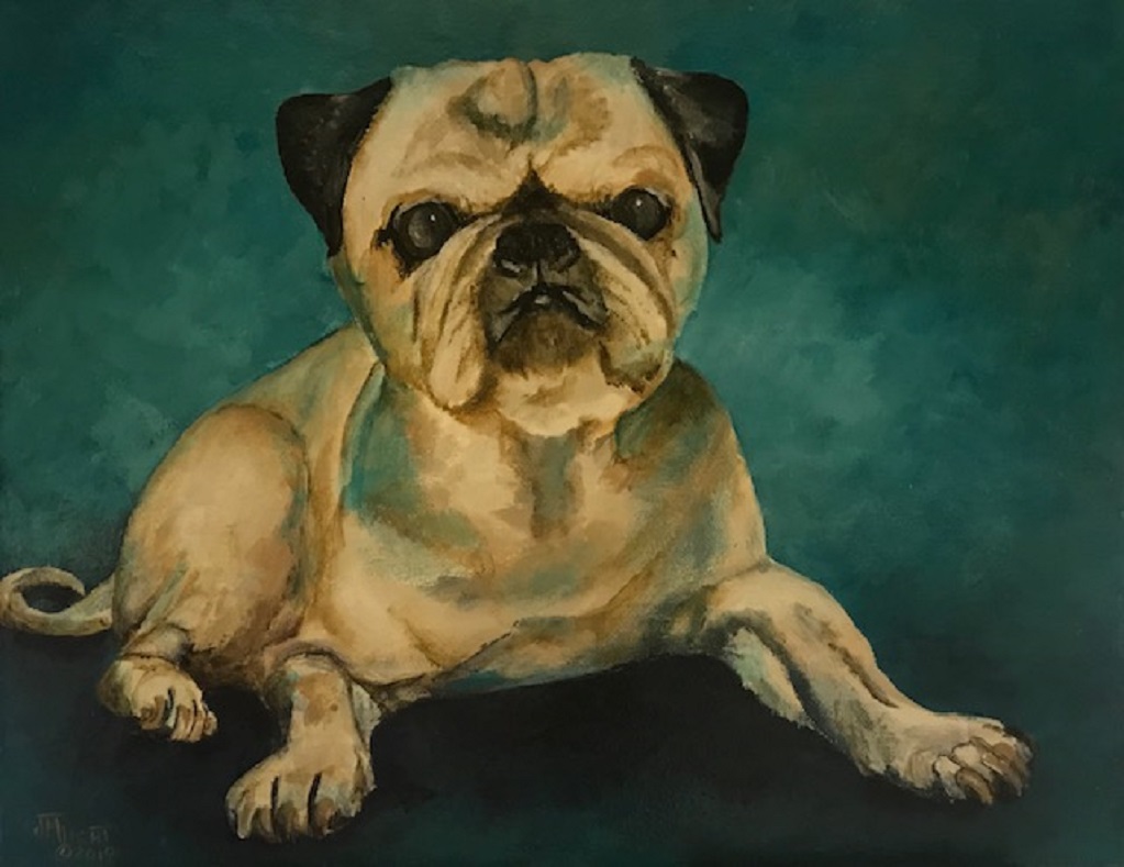 A fawn pug lying with front paws forward, painted against a deep teal ground.