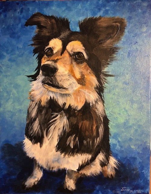 A small tricolour dog with feathered ears sitting upright and looking off to one side, against a mottled blue ground.