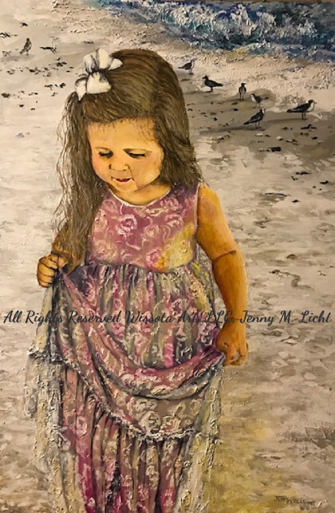 A young girl in a rose-patterned dress walking on wet sand, holding her skirt, with shorebirds and surf behind her.
