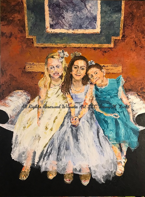 Three young girls in cream, lavender and teal party dresses sitting together on a white sofa against a warm rust wall.