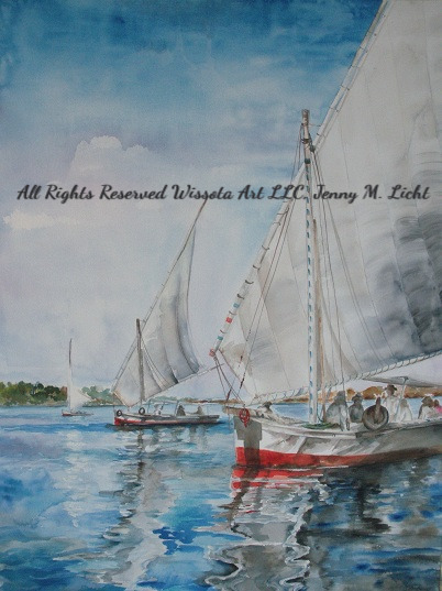 Watercolour of two traditional sailing boats moored in still water with sails furled, reflections breaking below them.